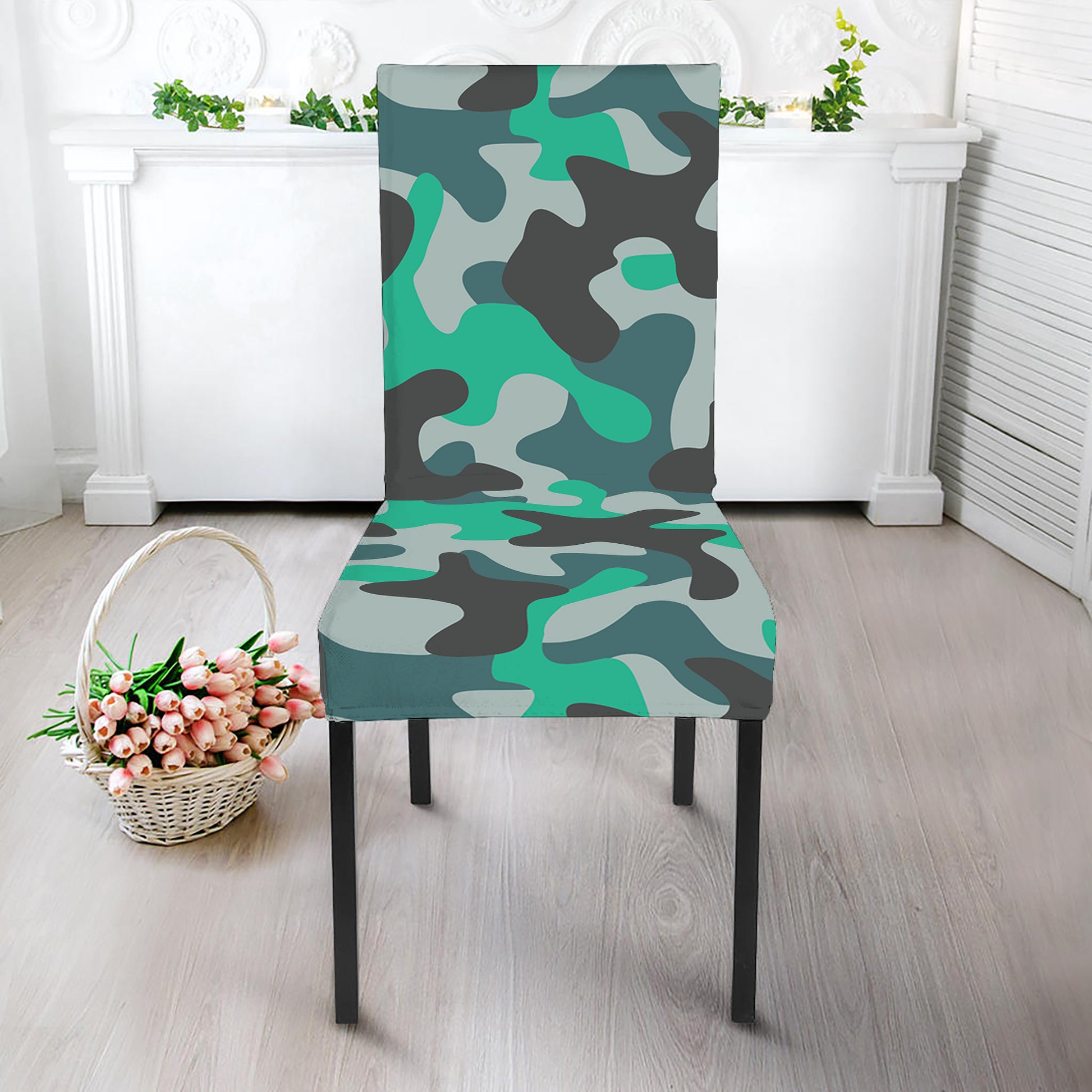 Teal And Black Camouflage Print Dining Chair Slipcover