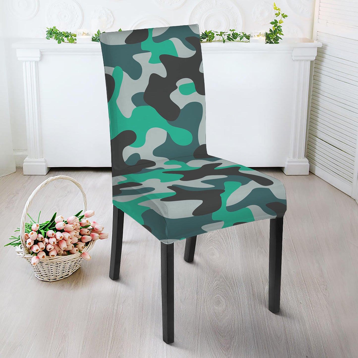 Teal And Black Camouflage Print Dining Chair Slipcover
