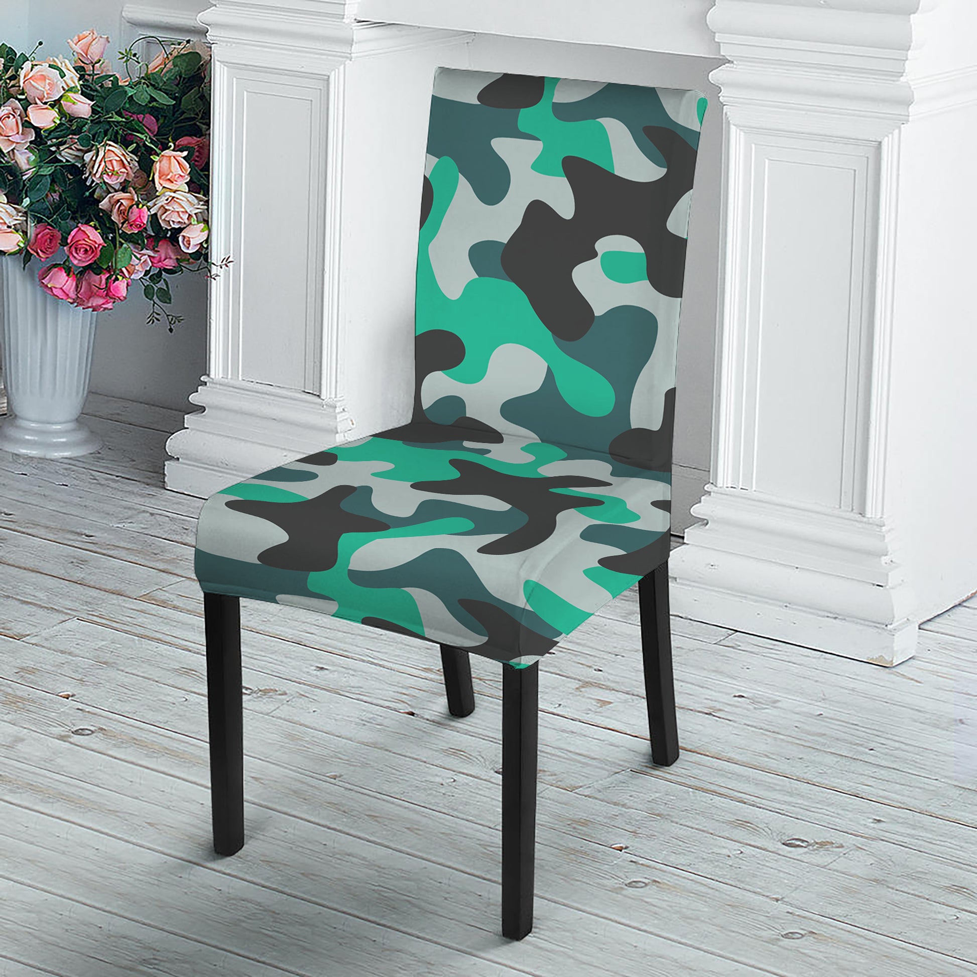 Teal And Black Camouflage Print Dining Chair Slipcover
