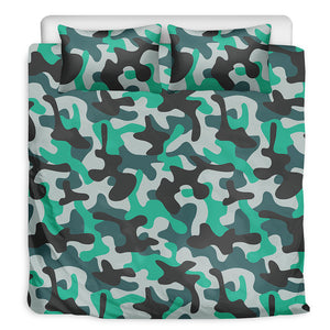 Teal And Black Camouflage Print Duvet Cover Bedding Set
