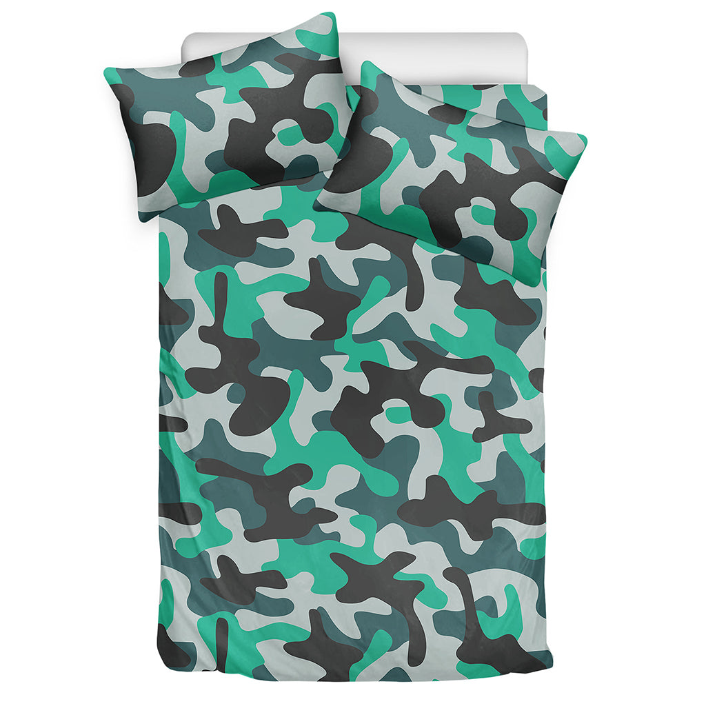 Teal And Black Camouflage Print Duvet Cover Bedding Set
