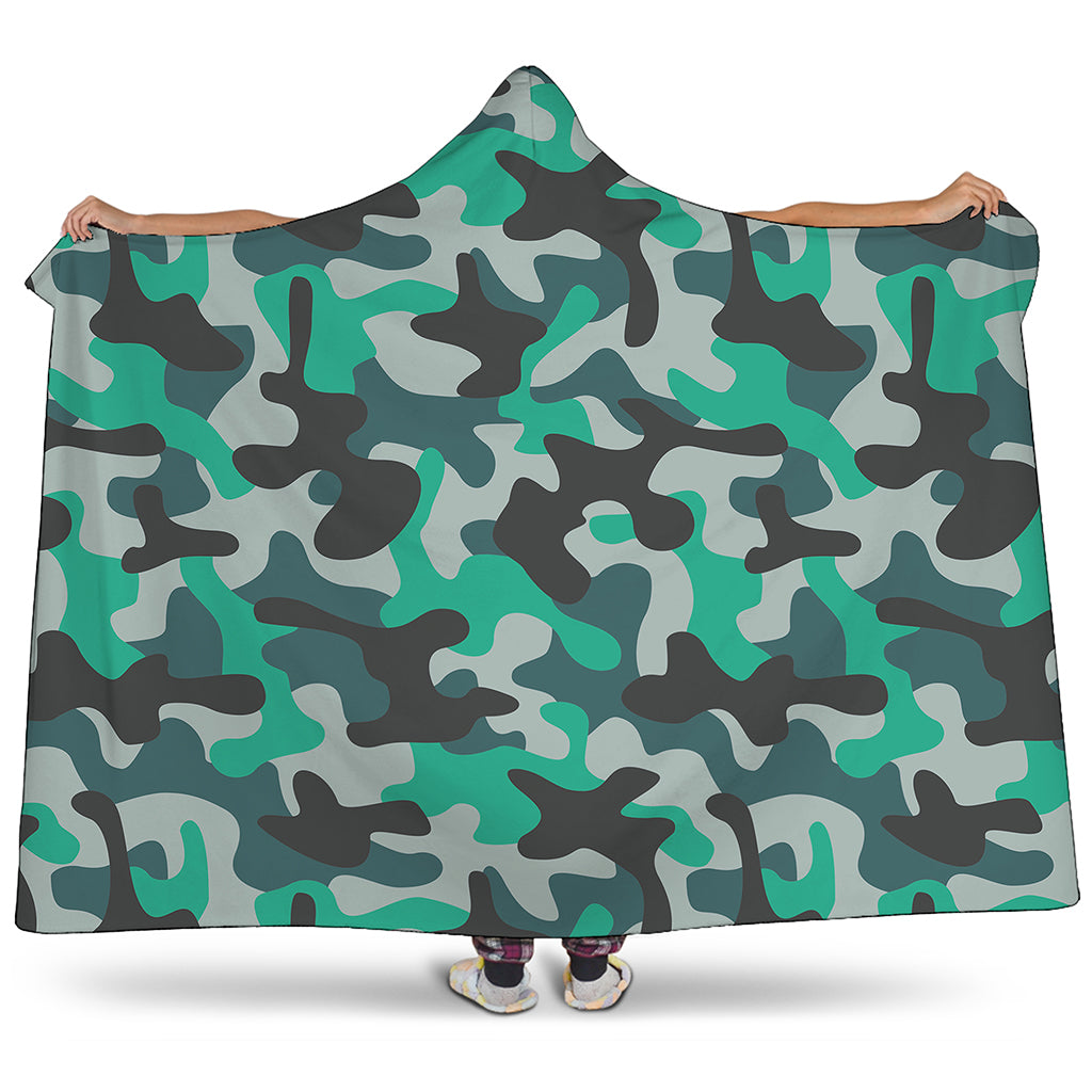 Teal And Black Camouflage Print Hooded Blanket