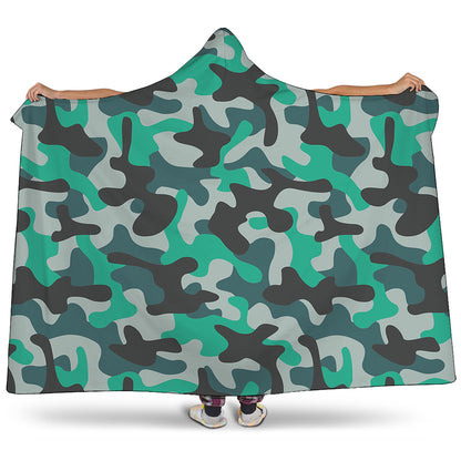 Teal And Black Camouflage Print Hooded Blanket