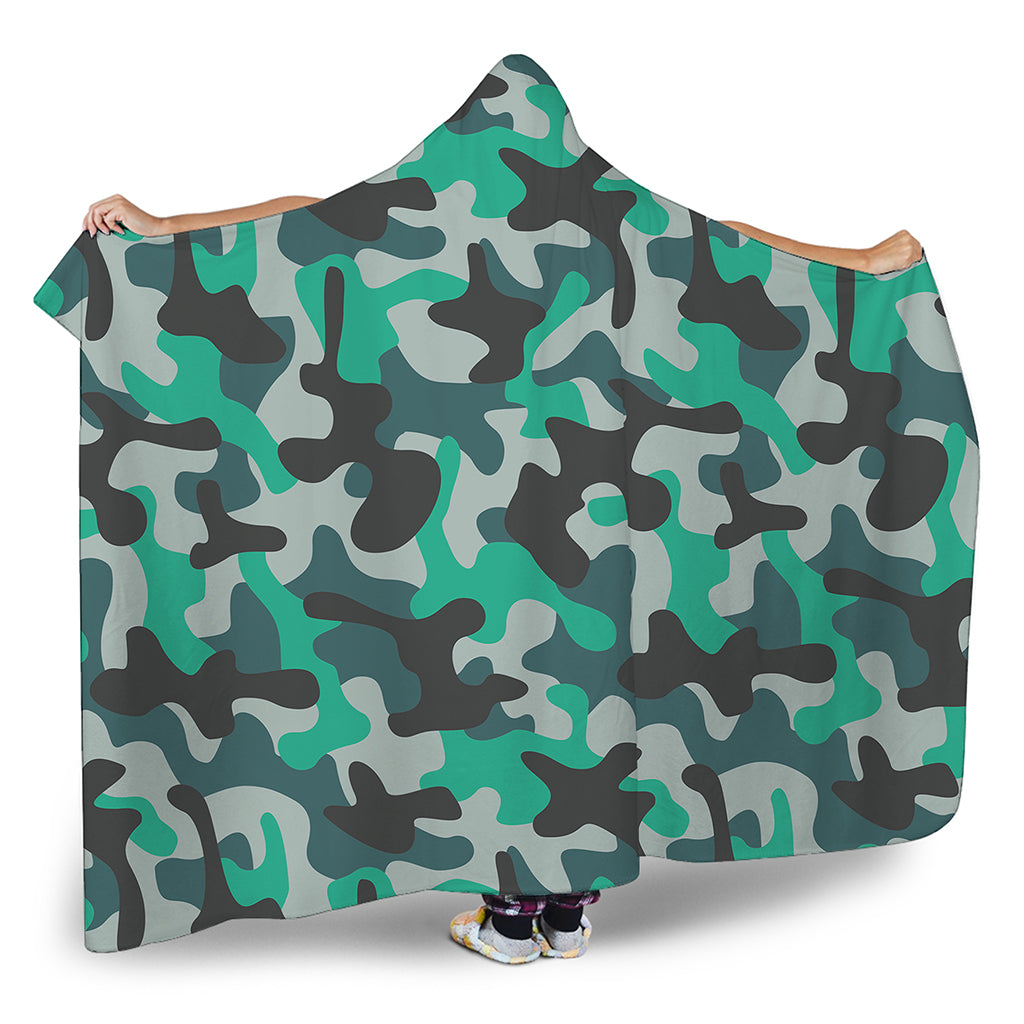 Teal And Black Camouflage Print Hooded Blanket