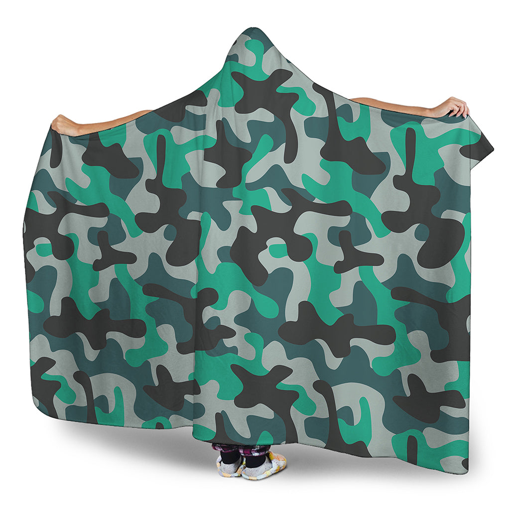 Teal And Black Camouflage Print Hooded Blanket