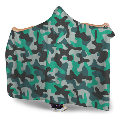 Teal And Black Camouflage Print Hooded Blanket