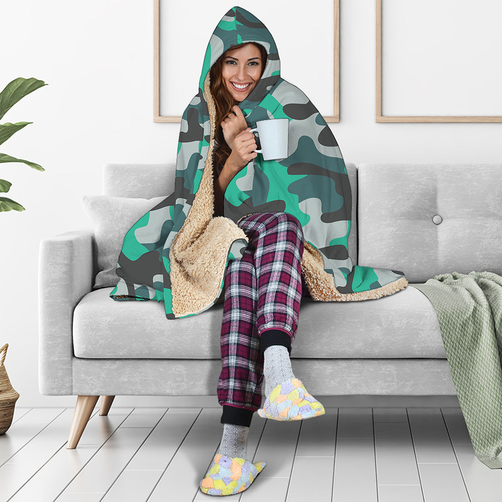 Teal And Black Camouflage Print Hooded Blanket