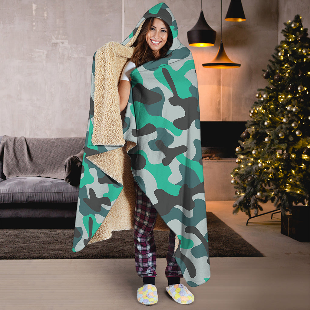 Teal And Black Camouflage Print Hooded Blanket