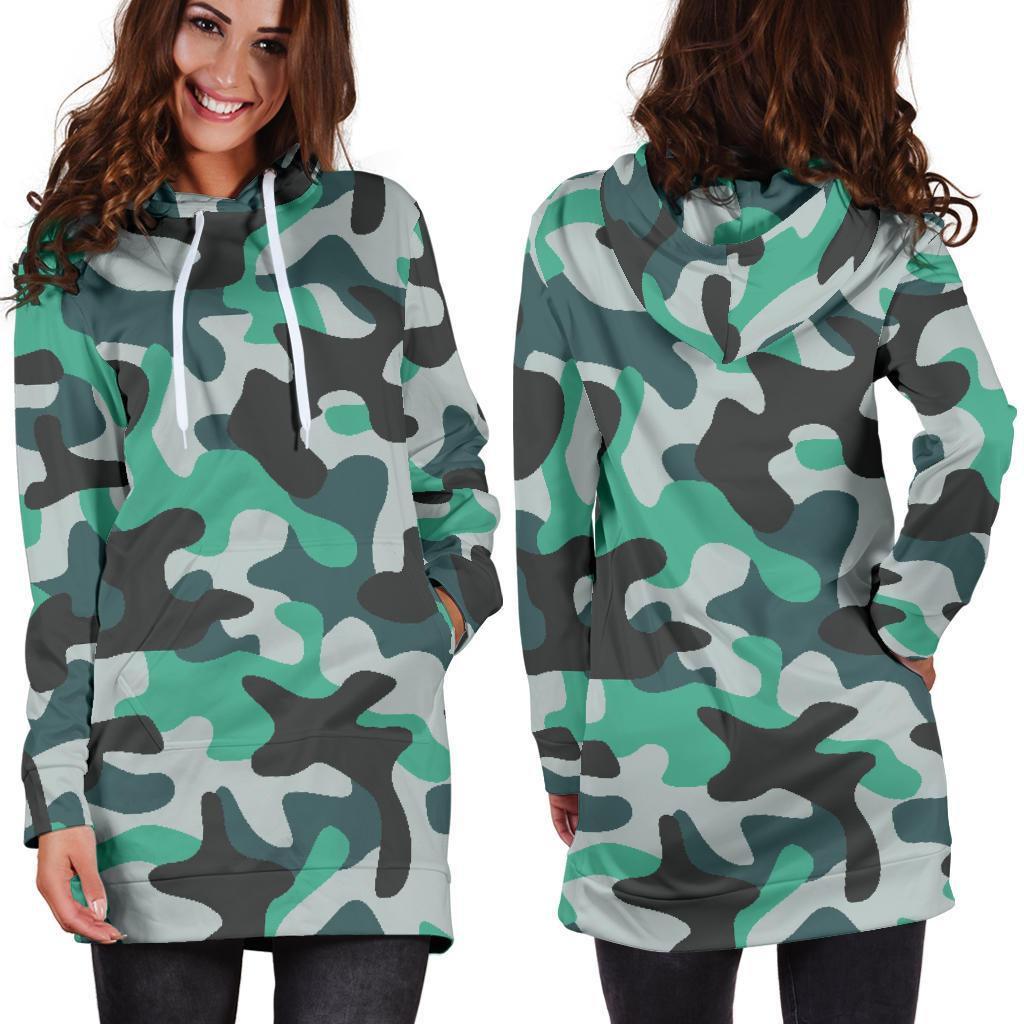 Teal And Black Camouflage Print Hoodie Dress GearFrost