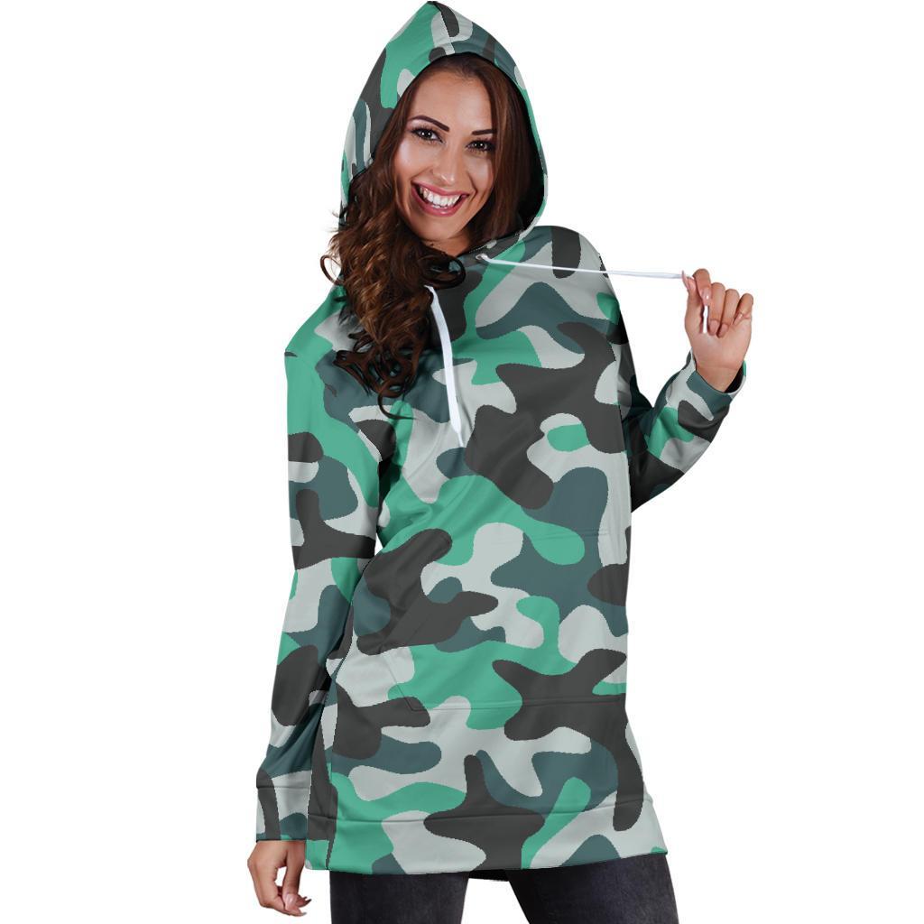 Teal And Black Camouflage Print Hoodie Dress GearFrost