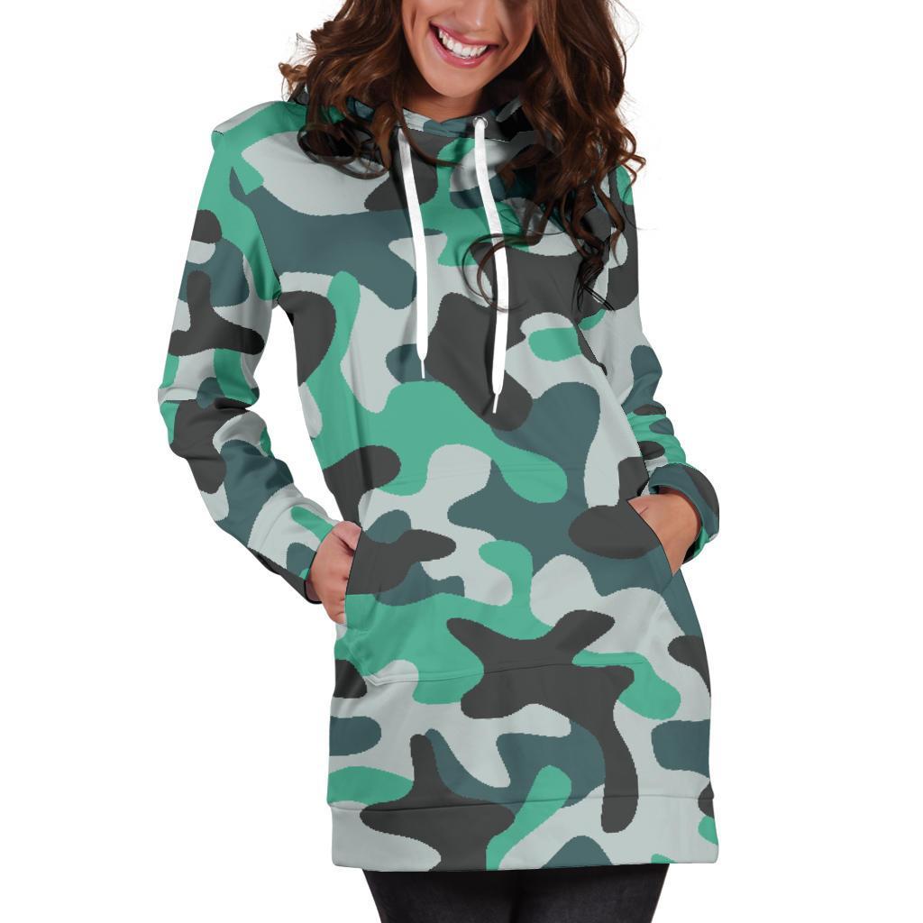 Teal And Black Camouflage Print Hoodie Dress GearFrost