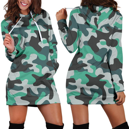 Teal And Black Camouflage Print Hoodie Dress GearFrost