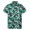 Teal And Black Camouflage Print Men's Short Sleeve Shirt