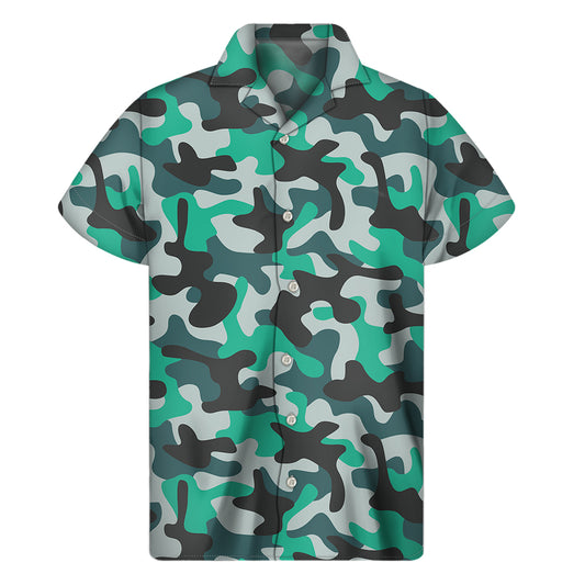 Teal And Black Camouflage Print Men's Short Sleeve Shirt