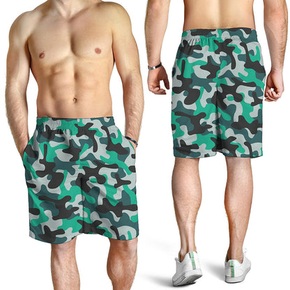 Teal And Black Camouflage Print Men's Shorts