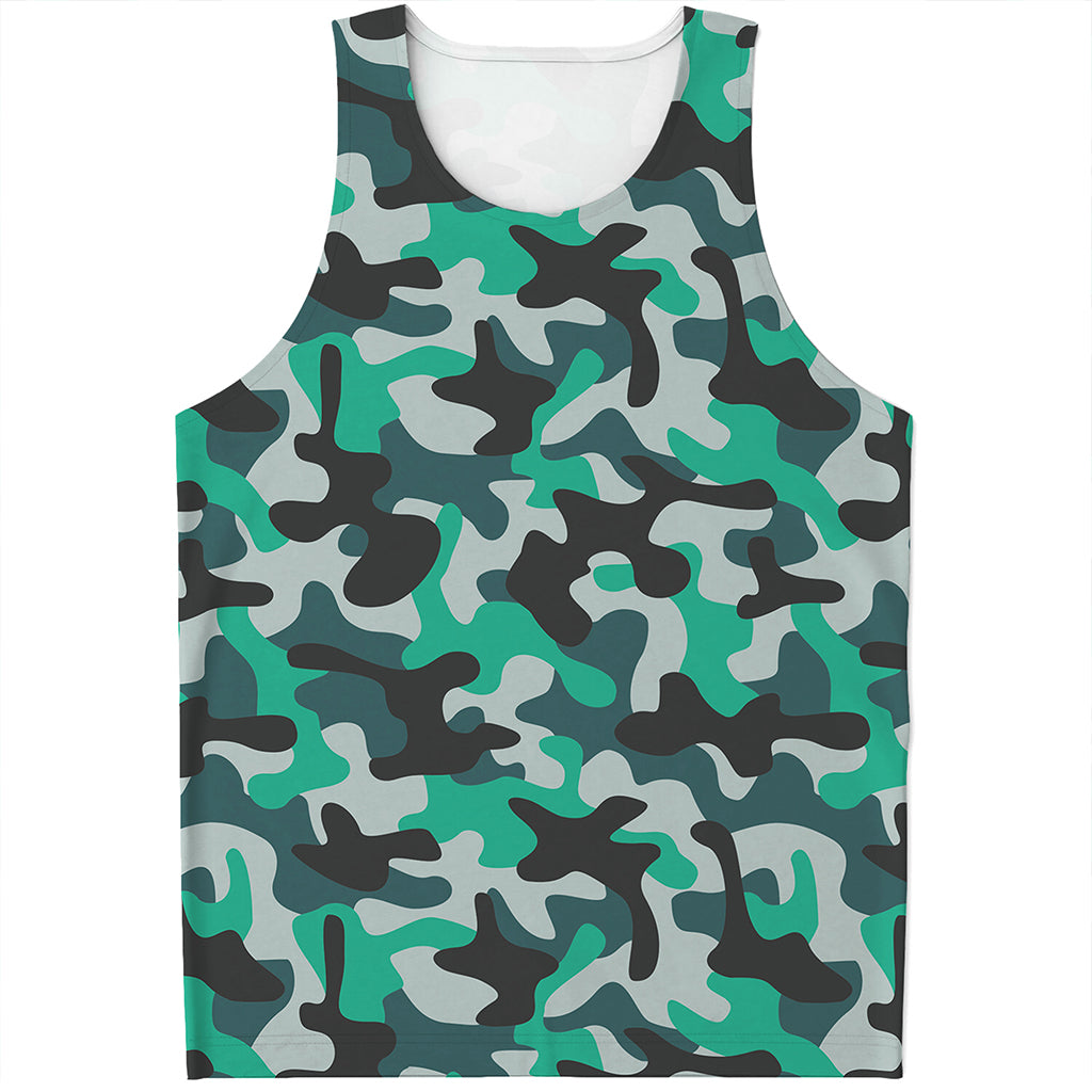 Teal And Black Camouflage Print Men's Tank Top