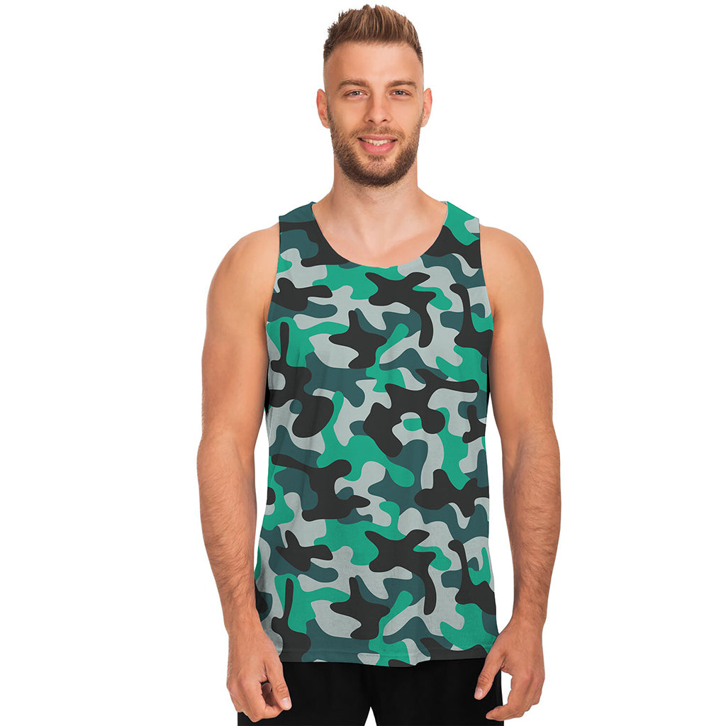 Teal And Black Camouflage Print Men's Tank Top