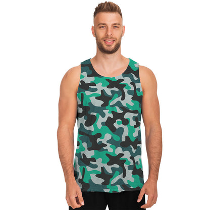 Teal And Black Camouflage Print Men's Tank Top