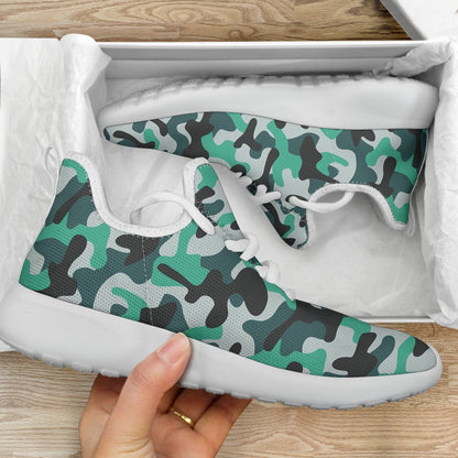 Teal And Black Camouflage Print Mesh Knit Shoes GearFrost