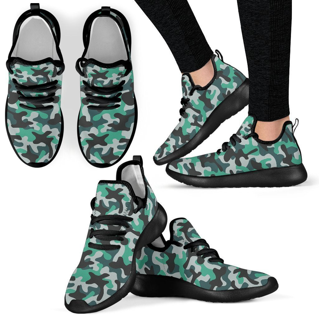 Teal And Black Camouflage Print Mesh Knit Shoes GearFrost