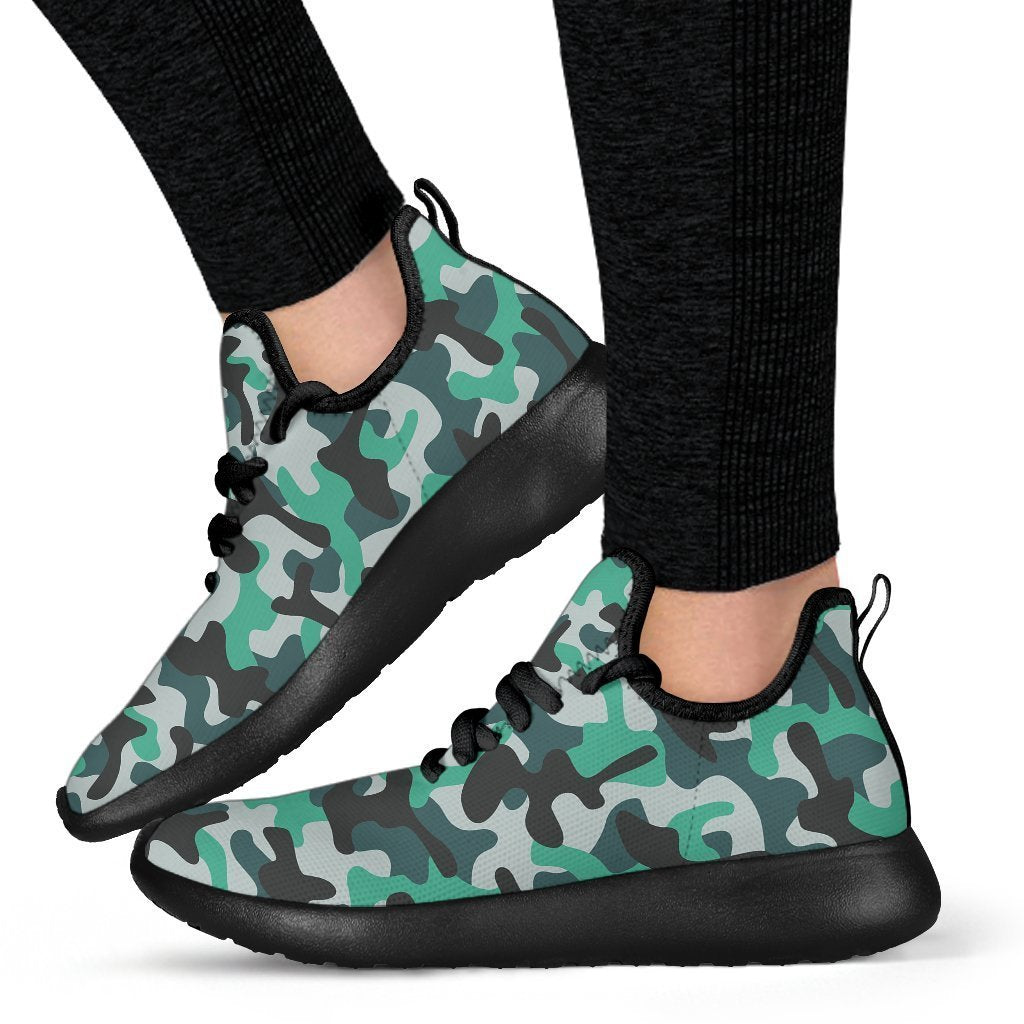 Teal And Black Camouflage Print Mesh Knit Shoes GearFrost