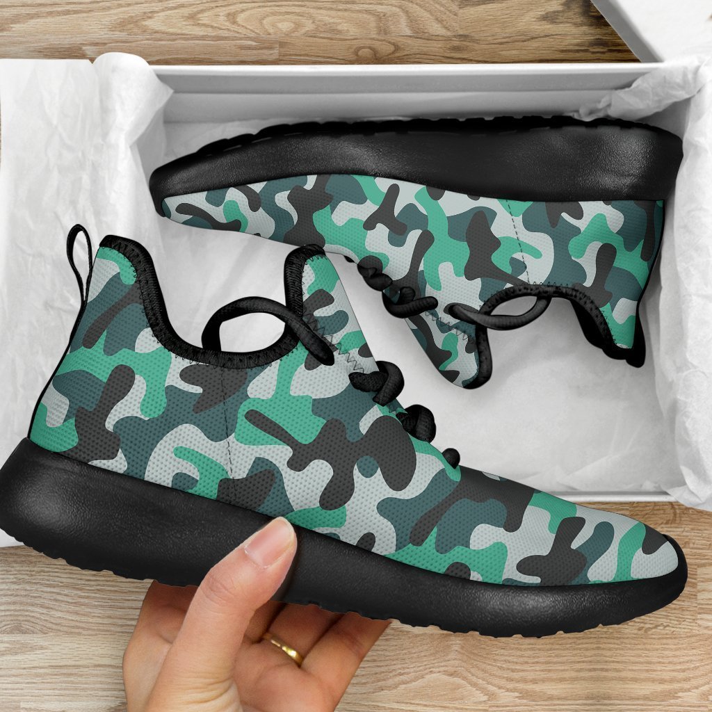 Teal And Black Camouflage Print Mesh Knit Shoes GearFrost