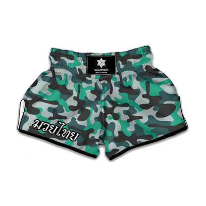 Teal And Black Camouflage Print Muay Thai Boxing Shorts