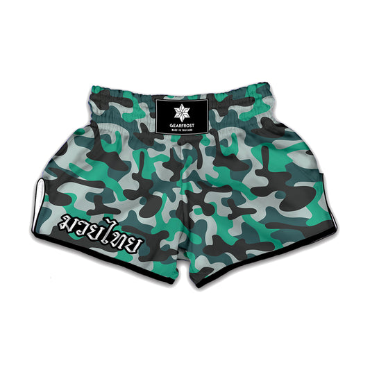 Teal And Black Camouflage Print Muay Thai Boxing Shorts