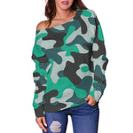 Teal And Black Camouflage Print Off Shoulder Sweatshirt GearFrost