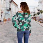 Teal And Black Camouflage Print Off Shoulder Sweatshirt GearFrost