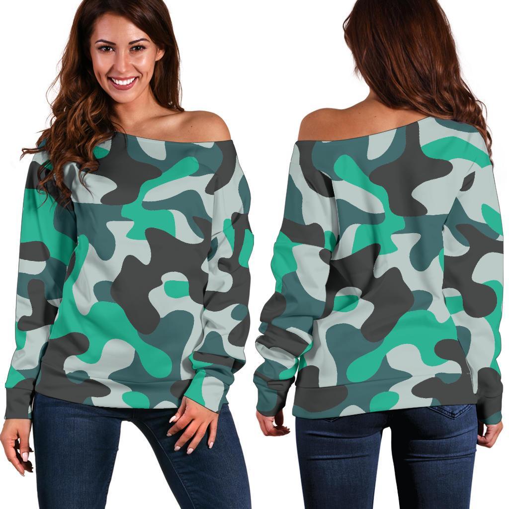 Teal And Black Camouflage Print Off Shoulder Sweatshirt GearFrost