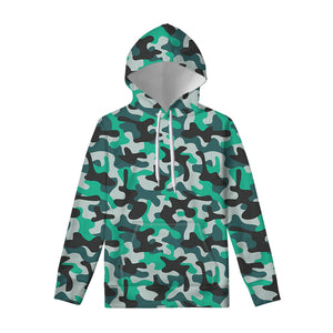 Teal And Black Camouflage Print Pullover Hoodie
