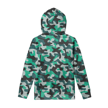 Teal And Black Camouflage Print Pullover Hoodie