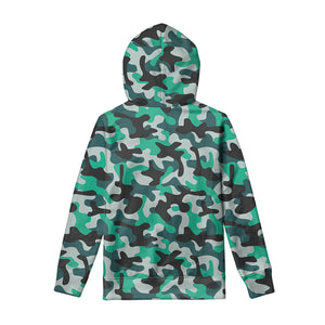 Teal And Black Camouflage Print Pullover Hoodie