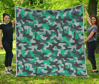 Teal And Black Camouflage Print Quilt