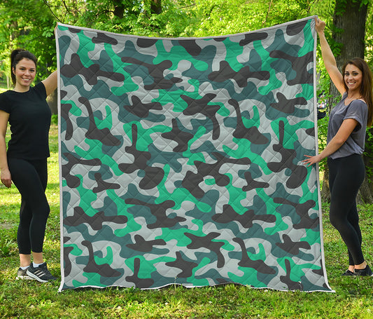 Teal And Black Camouflage Print Quilt