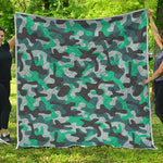 Teal And Black Camouflage Print Quilt