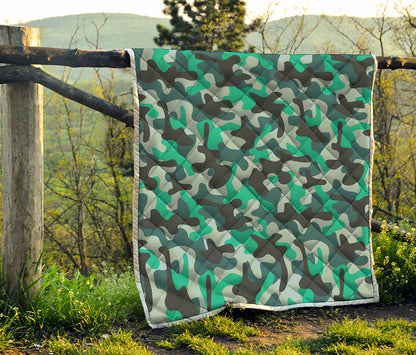 Teal And Black Camouflage Print Quilt