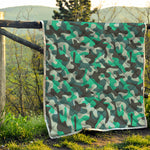 Teal And Black Camouflage Print Quilt
