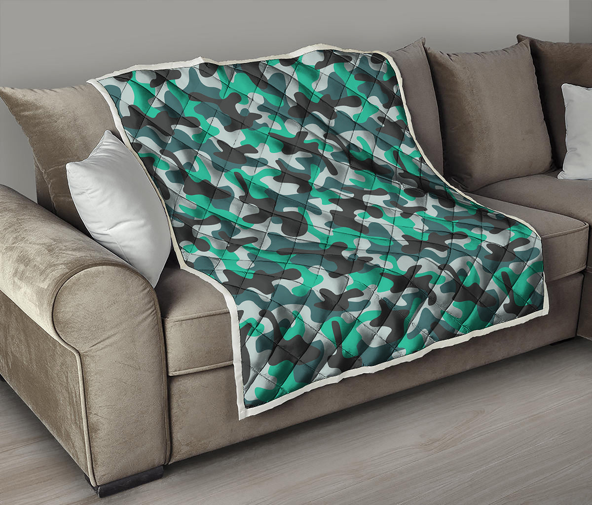Teal And Black Camouflage Print Quilt