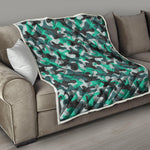 Teal And Black Camouflage Print Quilt