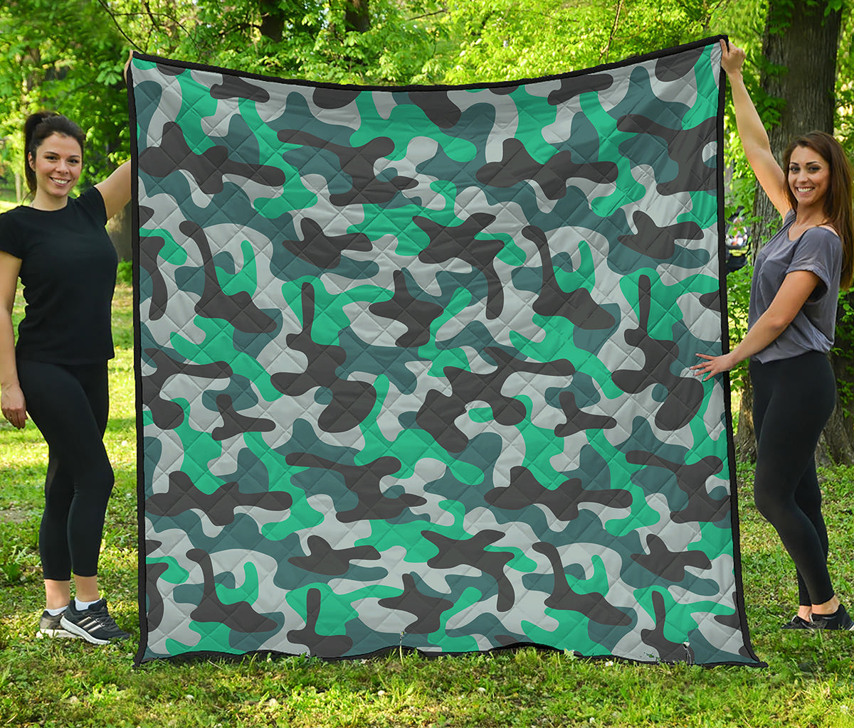 Teal And Black Camouflage Print Quilt
