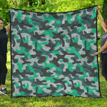 Teal And Black Camouflage Print Quilt