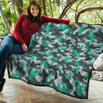 Teal And Black Camouflage Print Quilt
