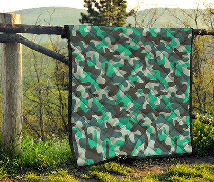 Teal And Black Camouflage Print Quilt