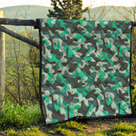 Teal And Black Camouflage Print Quilt