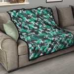 Teal And Black Camouflage Print Quilt