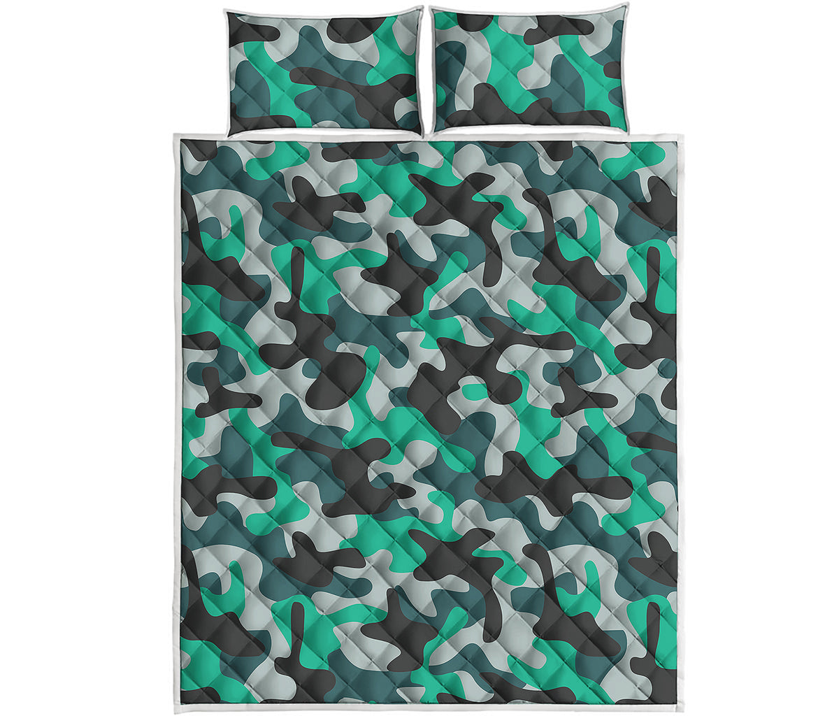 Teal And Black Camouflage Print Quilt Bed Set