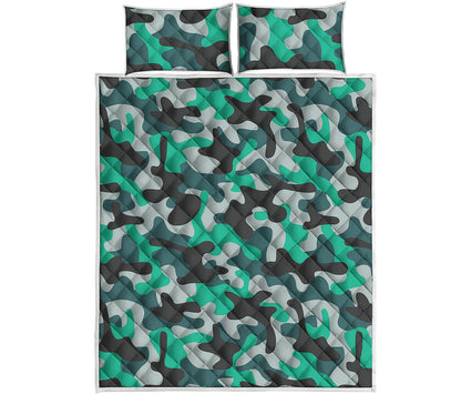 Teal And Black Camouflage Print Quilt Bed Set