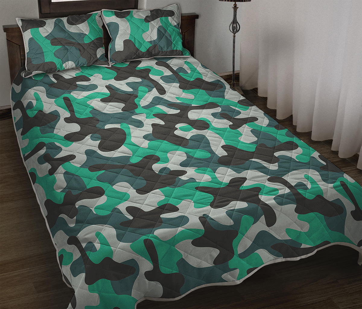 Teal And Black Camouflage Print Quilt Bed Set